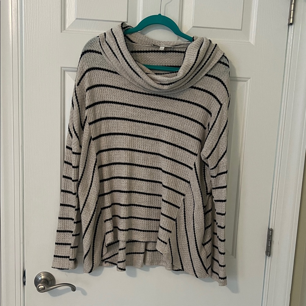 Cozy Striped Cowl Neck Sweater in Black and Cream